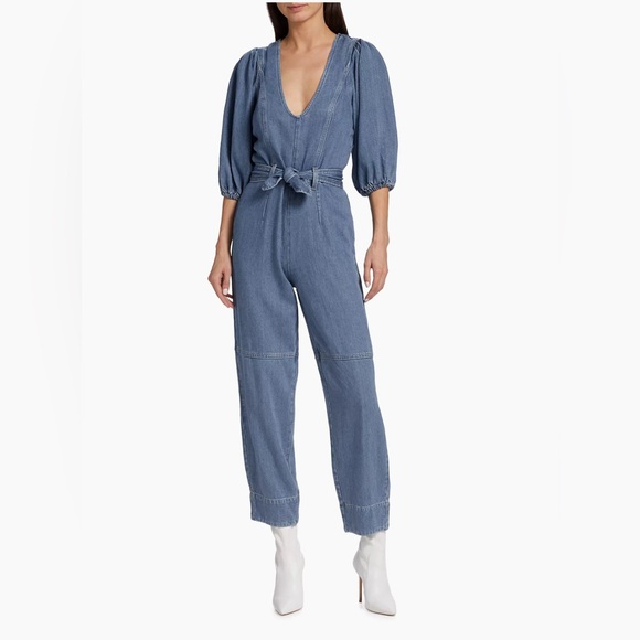 7 For All Mankind Puff-Sleeve Denim Jumpsuit